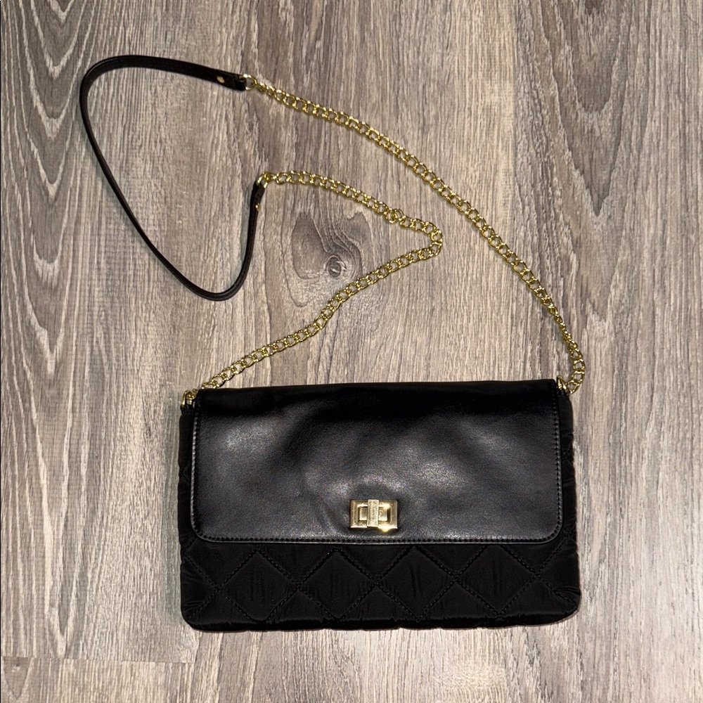 Talbots Black Quilted with Leather Flap Gold-tone  and Leather Crossbody purse